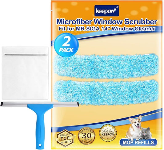 KEEPOW 14" Microfiber Window Scrubber Refill Replacement Compatible with MR.SIGA, Compatible with Ettore Professional Window Cleaning, Reusable & Washable Window Squeegee for Home (2 Pack)