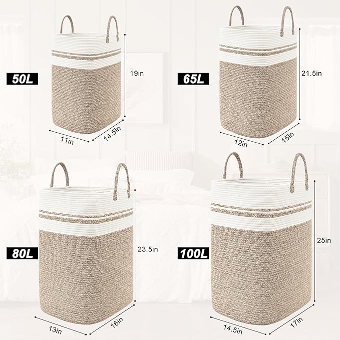 Woven Laundry Basket for Clothes, 80 L Large Rectangle Laundry Hampers with Beads Tassel, Nursery Storage Basket for Toys, Tall Dirty Clothes Hamper for Bedroom Aesthetic, Laundry Room Organization