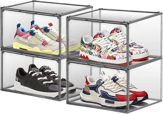 4 Pack Grey Shoe Storage Boxes Clear Plastic Stackable Shoe Display Case with Magnetic Door, Easy Assembly Fit up to US Size 13