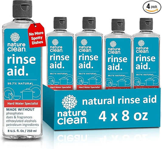 Nature Clean All Natural Dishwasher Rinse Aid Cleaner, Liquid Dishwasher Rinse Agent for Spot-Free Glass & Cutlery in Hard Water, Non Toxic Dish Washer Rinse Aid & Stain Remover, 8 oz/250ml, Pack of 4
