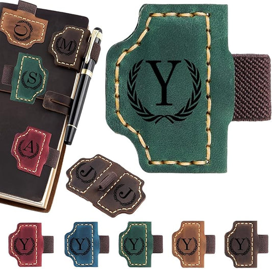 Artlaza Personalized Magnetic Leather Bookmark with Pen Holder - 26 Letters Custom Book Mark with Name Initial Engraved Book Marker for Readers, Book Lovers, Travelers - Gift for Women & Men(Green，Y