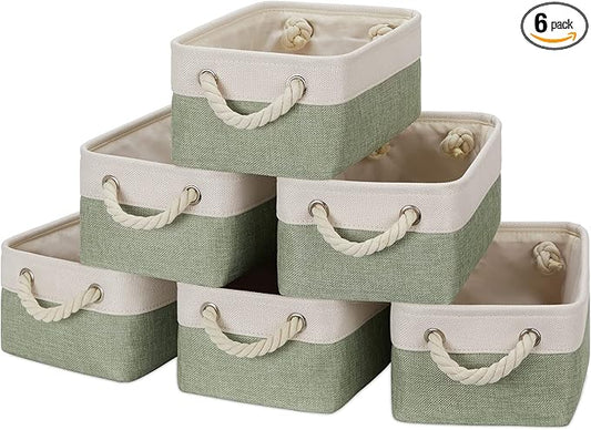 Temary Small Storage Baskets Small Fabric Bins for Closet, 6 Pack Decorative Storage Boxes with Rope Handles for Organizing Clothes, Canvas Storage Basket(White&Green,11.8L x 7.9W x 5.3H inches)