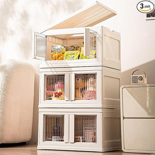 3 Tier Plastic Storage Bins with Lid，Stackable Storage Containers with Wheels, Folding Storage Boxes, Stackable Storage Bins, Closet Organizers and Storage for Living Room,Office,Dorm