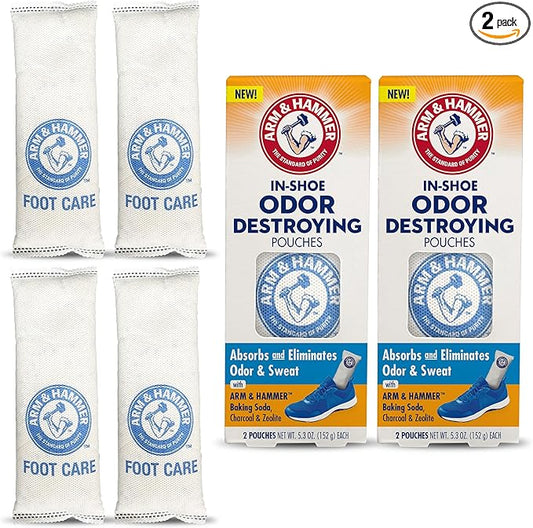 Arm & Hammer In-Shoe Odor Destroying Pouches, Shoe Deodorizer Insert for Reducing Odor and Absorbing Moisture, Smell Eliminator for All Footwear, Gym Bags and Work Boots (2 Pairs)