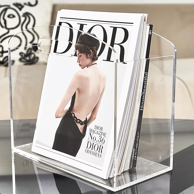 Magazine Rack - Clear Acrylic Magazine Holder, Acrylic Newspaper Stand Organizer with handles, Modern Lucite Magazine and Book Basket Box for Bathroom, Bedroom, Living Room and Office