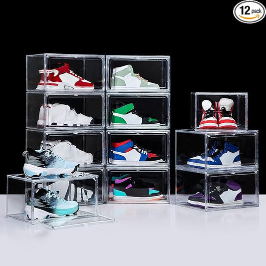 NYZE 12 Pack Acrylic Shoe Boxes Side Open, Clear Shoe Box Plastic Stackable, Shoe Storage Organizer with Magnetic Door, Shoe Display Shoe Containers with Lids Fits Up to Size 15