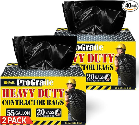 Reli. Contractor Garbage Bags 55 Gallon | 40 Trash Bags | Heavy Duty | Black Contractor