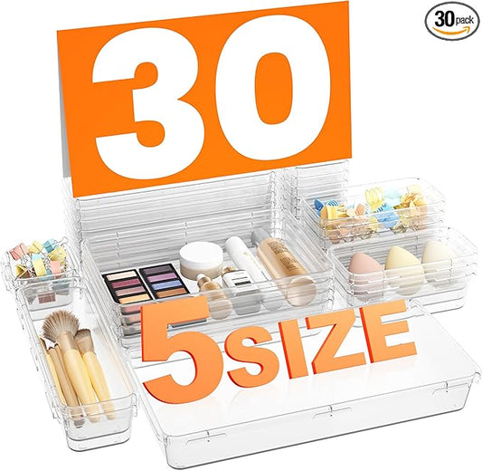 A-LuGei 【Military Grade】 Drawer Organizer, 【𝟱𝗦𝗶𝘇𝗲】 Clear Makeup organizer, 【Holds 177 Items】 Bathroom Organizers and Storage, Plastic Desk Organizer Divider, Organizer Bins for Office Vanity