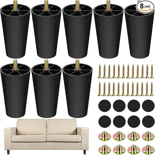 TURSTIN 8 Pack 4 Inch Plastic Furniture Legs with M8 T-Nuts Screws Tapered Sofa Couch and Chair Legs Replacement Furniture Legs for DIY Projects Sofas Coffee Tables Dressers Beds
