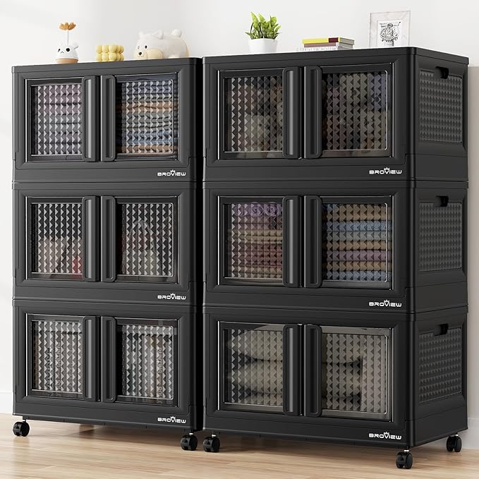 BROVIEW 120Gal Stackable Storage Bins with Lids & Wheels, 480Qt Plastic Collapsible Closet Organizer and Storage Drawers, Storage Boxes Cabinets for Home, Office, 6 Pack, Black