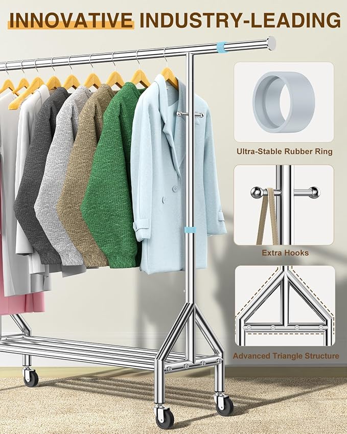 Upgraded 100% Stainless Steel Clothing Rack Load 760LBS, Heavy Duty Clothes Racks with Larger & Sturdy Wheel, Extendable & Adjustable Rolling Garment with Shelves