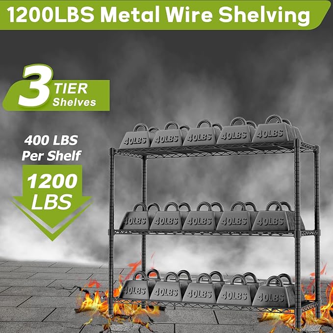 Storage Shelves, 2 PCS 48" L x 20" W x 47" H Heavy Duty Garage Wire Shelving Unit Loads 1200LBS, 3-Tier Adjustable Metal Industrial Utility Shelf Rack for Kitchen, Laundry Room, Basement