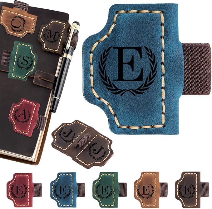 Artlaza Personalized Magnetic Leather Bookmark with Pen Holder - 26 Letters Custom Book Mark with Name Initial Engraved Book Marker for Readers, Book Lovers, Travelers - Gift for Women & Men(Blue，E