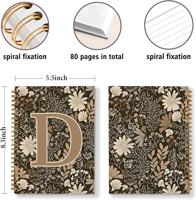 Initial D Personalized Journal Notebook, Boho Floral Journaling Notebooks for Women Girls, Costom Monogrammed Gifts for Women Mom Girls Friends, Letter Spiral Notebook, 5.5x8.3