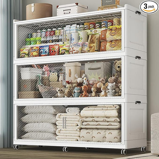 240 Gallon Extra Large Collapsible Storage Bin with Lid, 960QT Stackable Plastic Organizer with 6x Wheels, Foldable Drawer Cabinet for Closet, Living Room Office Dorm 3Pack, White