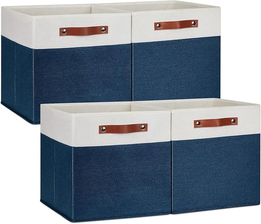 DULLEMELO 13 inch Cube Storage Bins, Gift Baskets Empty for Boy Girl Mother Father Christmas Festival,Fabric Storage Bins Cube Organizer Baskets With Leather Handles(White&Blue-4 Pack)