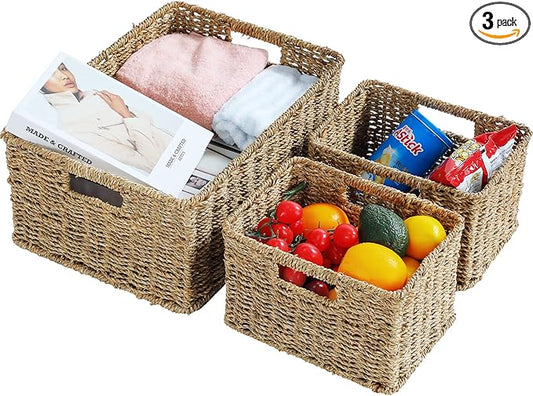HOONEX Large Wicker Baskets for Storage, Seagrass Baskets with Dual Handles, Woven Baskets for Storage, Set of 3, Natural