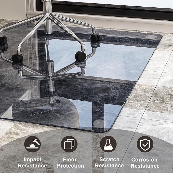 GLSLAND 46" × 55" [Tempered Glass] Chair Mat – Durable Office Chair Mat on Carpet with 0.2" Thickness, 4 Non‑Slip Pads, Sleek & Sturdy Matte Gray Finish, Smooth Glide & Easy Clean, Blue & Grey