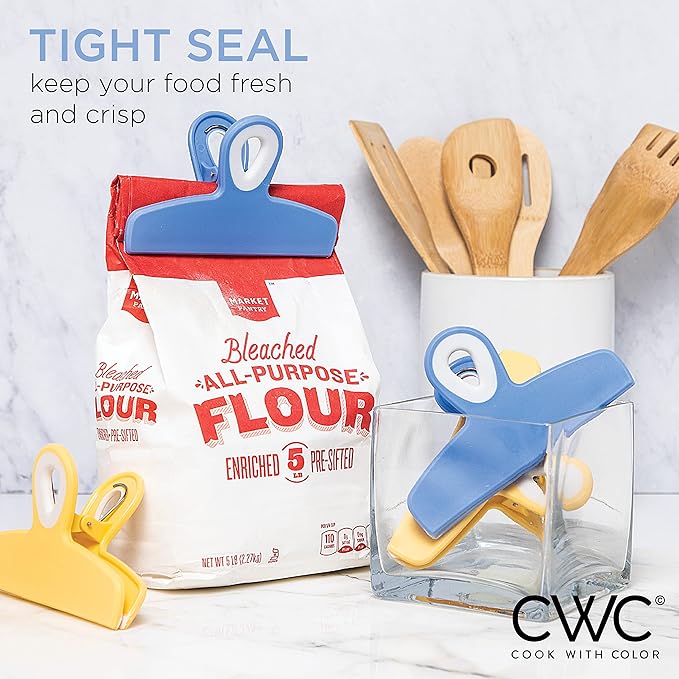COOK WITH COLOR Bag Clips - Heavy Duty Chip Clip and Refrigerator Magnet Clips for Food Storage with Air Tight Seal Grip, Yellow and Blue, Pack of 4 Large Clips
