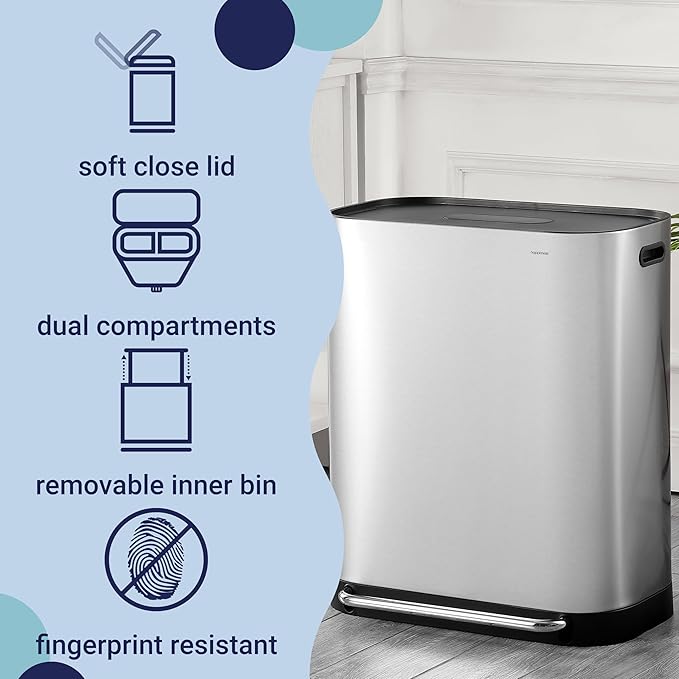 happimess HPM1014A Beni Kitchen 16-Gallon Double-Bucket Step-Open Trash Can with Soft-Close Lid, Modern, Minimalistic, Fingerprint Proof for Home, Kitchen, Laundry Room, Office, Bathroom, Chrome