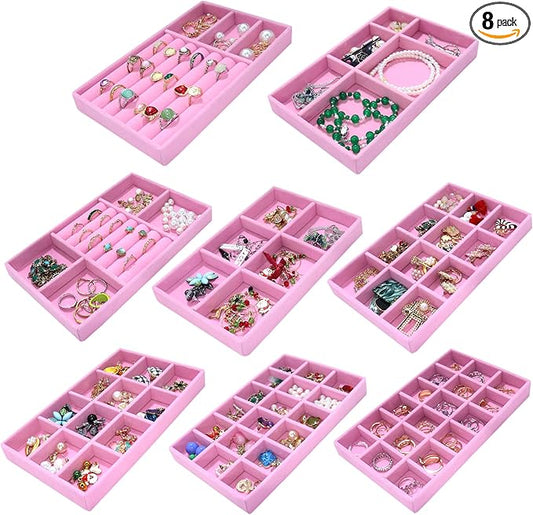 8 Pack Stackable Jewelry Trays Organizer Velvet Earring Organizer Jewelry Tray for Drawers Earring Holder Necklace Bracelet Ring Organizers