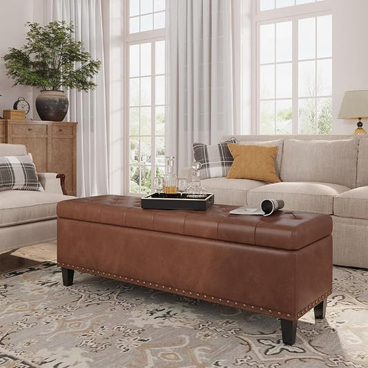 Storage Ottoman Bench, 51-Inch Large Storage Bench for Bedroom End of Bed, 30 Gallons Faux Leather Bench for Bedroom, Living Room, Entryway, Hallway, Brown