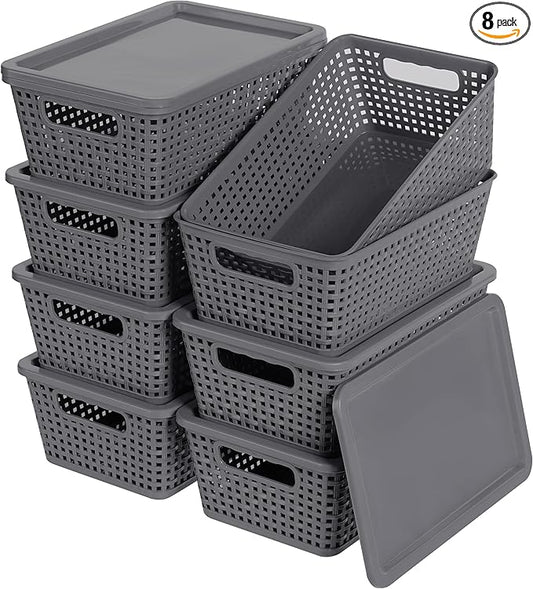 Plastic Storage Baskets With Lid, Storage Bins for Organizing, Stackable Decorative Containers for Shelves Drawers Desktop Closet Playroom Classroom Office, 8 Pack-Grey