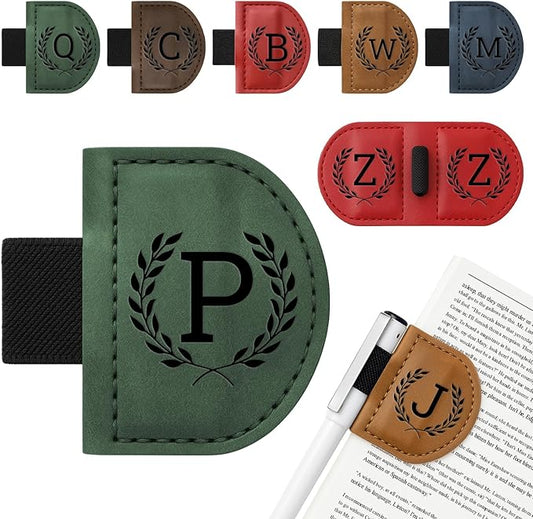 Personalized Bygone Mark Bookmark with Pen Holder,Engraving Leather Magnetic Bookmarks Vintage 26 Letters Name Initials Text Book Marker Clips Gifts for Reading Book Lovers Women (Green, P)