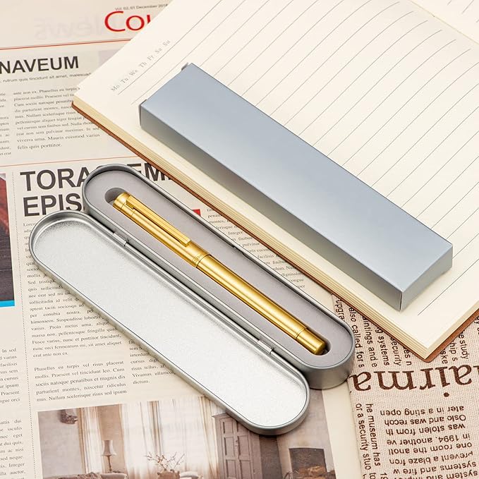 Hongdian 1861 Brass Fountain Pen Long Blade Nib, Classic Design Smooth Writing Pen with Converter and Metal Pen Case Set