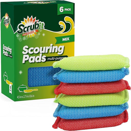 SCRUBIT Multi-Purpose Scouring Pad - Non-Scratch Cleaning Sponges for Pots, Pans, Dishes, Utensils & Non-Stick Cookware - Scrubbing Pads Use for Kitchen, Bathroom - 6 Pack Dish Sponge - (Colored)