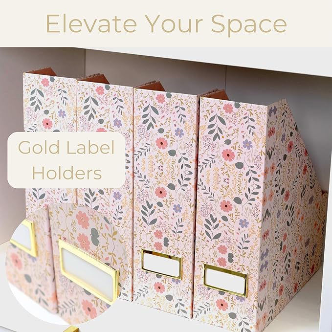 BLU MONACO Foldable Magazine File Set of 4 with Floral Boho Design – Decorative Cardboard Magazine Organizer for Home, Office & Dorm Room – Artistic Magazine Storage Solution