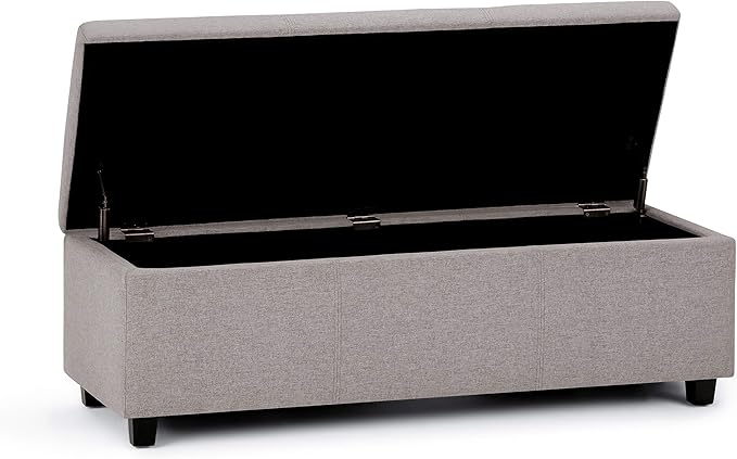 SIMPLIHOME Avalon 48 inch Wide Contemporary Rectangle Storage Ottoman Bench in Cloud Grey Linen Look Fabric, Assembled, for the Living Room, Entryway and Family Room