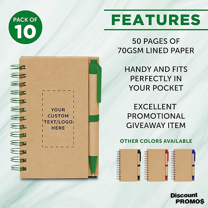 Custom Mini Spiral Notebooks with Black Ink Pens Set of 10, Personalized Bulk Pack - Perfect for School, Office, Business, Home - Green