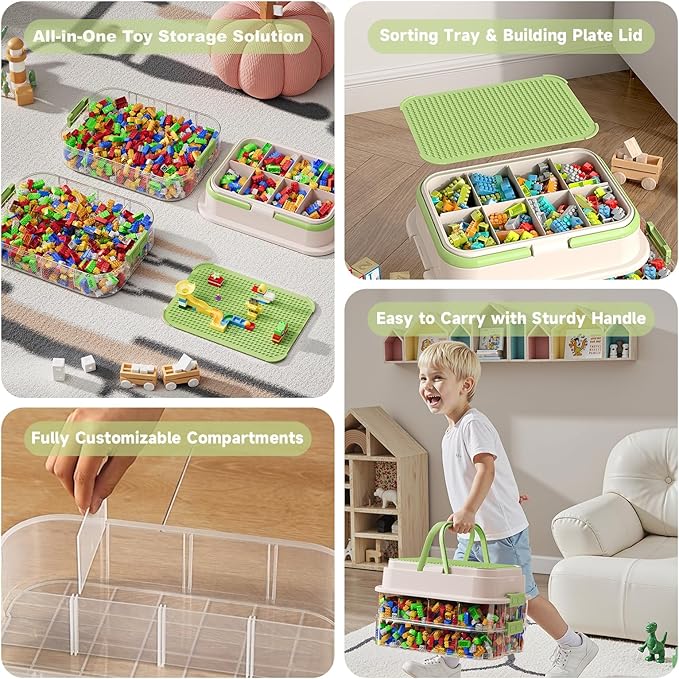 Toy Storage Organizer Box with Handle, Stackable Building Block Toy Box with Building Plate Lid & Removable Sorting Trays, Cubby Bins and Containers 2 Layer (Green)
