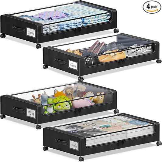 Under Bed Storage with Wheels, 4-Pack Under the Bed Storage Containers with Clear Lids & Label, Underbed Storage Bins, XXL 60L Rolling Metal Drawer for Clothes, Shoes, Toys, Books - Black