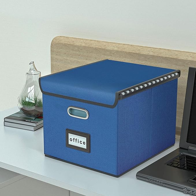 Huolewa Decorative File Organizer Boxes Office Document Storage with Lids, Portable Collapsible Linen Hanging Filing & Storage Boxes for Office/Decor/Home (Royal Blue) -14.9 x 12.7 x 10.8 inch -2 Pack