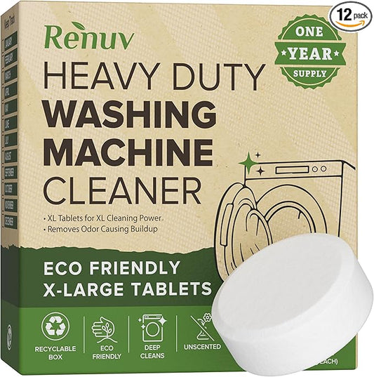 Renuv Heavy Duty Washing Machine Cleaner and Descaler - Deep Cleaning Tablets For Front Load or Top Load Washer (12 XL Tablets - One Year Supply)