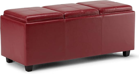 SIMPLIHOME Avalon 42 inch Wide Contemporary Rectangle Storage Ottoman in Red Vegan Faux Leather, Assembled, for the Living Room, Entryway and Family Room