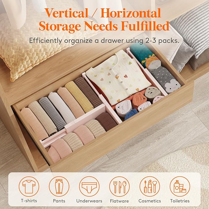 Lifewit 9 Pack Drawer Dividers 4" High, 11-17" Adjustable Drawer Organizers for Clothes, Expandable Dresser Separators in Bedroom/Bathroom/Kitchen/Fridge/Office Organization and Storage, Pink
