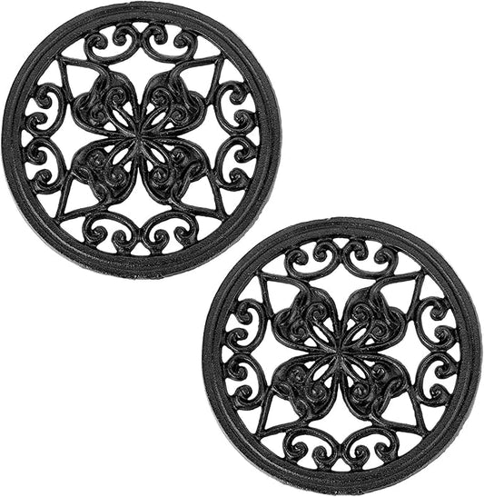 JUXYES 2 PCS Decorative Cast Iron Metal Trivet with Rubber Feet, Vintage Heat Resistant Iron Mat for Hot Dish Pot Pan Plate Teapot, Round Trivet Mat Hot Pot Holder Pads for Kitchen Or Dining Table