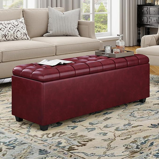 38 Inches long Wine red Ottoman Bench with Storage, footstool Furniture End of Bed storage benches,Faux leather Ottomans with Storage and Seat for Foot rest in Bedroom, Living Room, Entryway