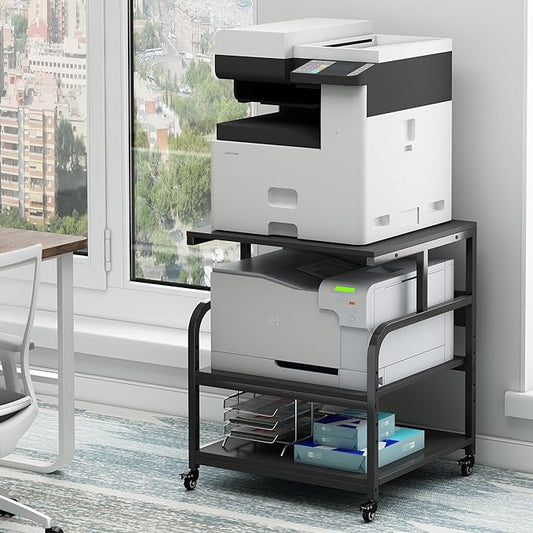 25.6" x 23.6" Extra Large Printer Stand Table with Adjustable Storage Shelf, 3 Tier Rolling Printer Cart with Industrial Wheels for Home Office, Black