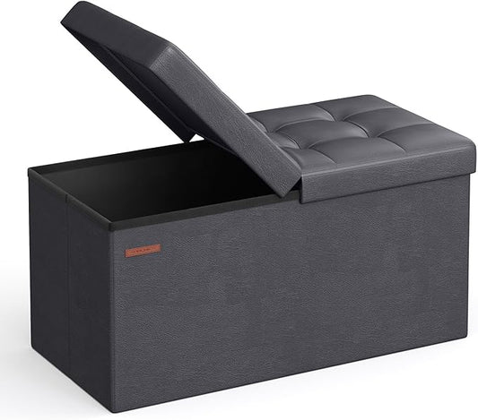 SONGMICS MAZIE Collection - 30 Inches Storage Ottoman Bench with Flipping Lid, Storage Chest Footstool, Load 660 lb, for Entryway, Living Room, Bedroom, Synthetic Leather, Dark Gray ULSF045G01