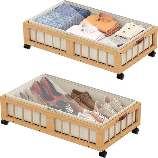 efluky 2-Pack Bamboo Under Bed Storage Containers with Wheels, Under Bed Clothes Storage Basket with Large Dust Bag, Rolling UnderBed Storage for Bedroom, Dorm and Basement, Nature
