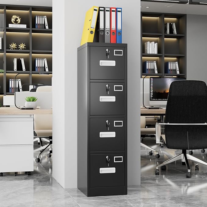 Aobabo 4 Drawer File Cabinet, Metal Filing Cabinet with Lock, Suitable for Home Office School Hanging Files Letter/Legal/A4 Size,Black,Required-Assembly,17.72" D x 14.96" W x 55.2" H