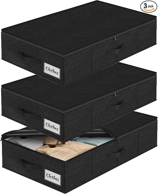 Under Bed Storage Container Bin 3 Pack, Low Profile Foldable Underbed Clothes Storage Organizer W/ Ultra Thick Fabric and Sturdy Bottom/Sides, Dual Zipper Storage Box for Dorm and Home 30x16x6.7"