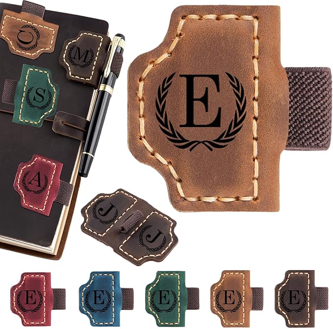 Personalized Magnetic Leather Bookmark with Pen Holder - 26 Letters Custom Book Mark with Name Initial Engraved Book Marker for Readers, Book Lovers, Travelers - Gift for Women & Men(Light Brown，E