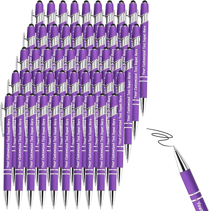 Up to 200 Pcs Personalized Ballpoint Pen Custom Pens Free Engraved Bulk with Name Logo Soft Black Ink Stylus with Touch Metal Office Gift for Anniversaries Graduations Birthdays