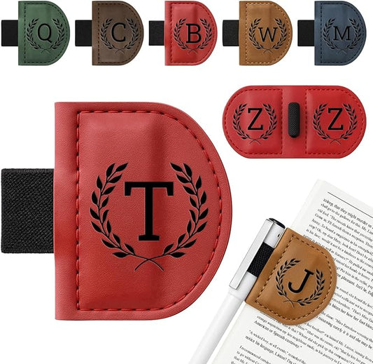 Personalized Bygone Mark Bookmark with Pen Holder,Engraving Leather Magnetic Bookmarks Vintage 26 Letters Name Initials Text Book Marker Clips Gifts for Reading Book Lovers Women (Red, T)