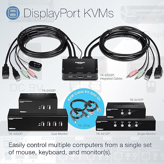 TRENDnet 2-Port Dual Monitor DisplayPort KVM Switch with Audio, 2-Port USB 2.0 Hub, 4K UHD Resolutions Up to 3840 x 2160, Connect Two DisplayPort Monitors, Dual Monitor KVM Switch, Black, TK-240DP